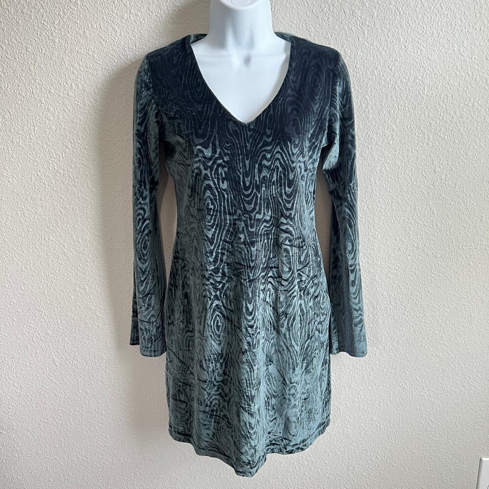 Younique Y2K Green Burnout Velvet Mini Dress Women's S Long Bell Sleeves Vintage
